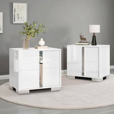 Mercidieu 23.6'' W Modern High-gloss Nightstand With Electroplated Pull Handle, White, Set of 2