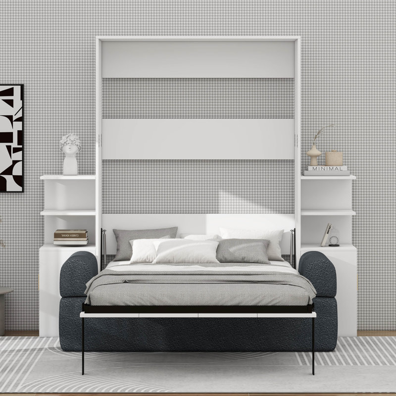 Lit escamotable double avec canapé et tablettes de rangement, armoire murale en bois avec tablettes de rangement et canapé