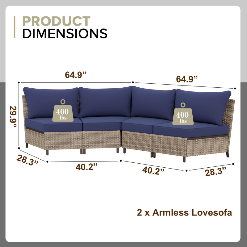 Patio Wicker 4-Person Sectional Sofa Seating Group, Cushion, Blue