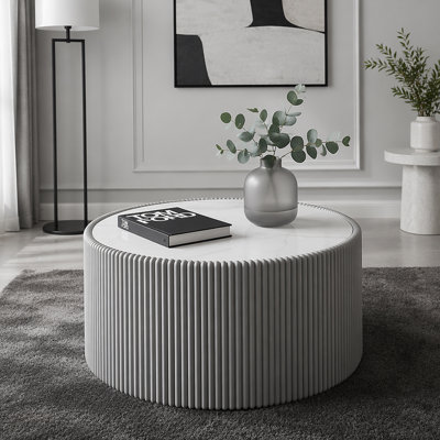 Light Marble Top Cylinder Shape Leather Coffee modern Sofa Table for Living Room furniture