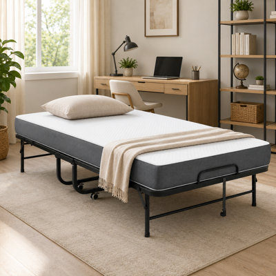 Industrial Metal Frame Folding Guest Bed with 5 Inch Memory Foam Mattress 450lbs Capacity and Wheeled Storage Design