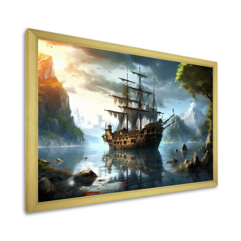 Bateau pirate en mer - art mural pirate, H 24 po x l 32 po x P 1 po, Cadre photo doré simple