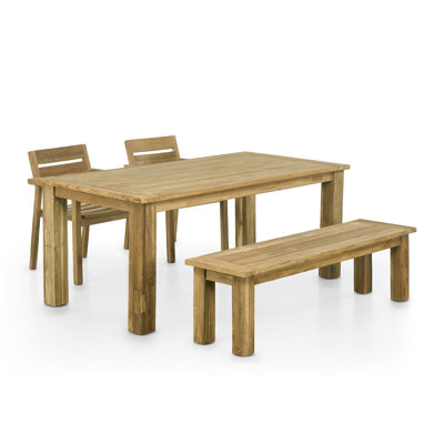 71" Bovey Reclaimed Teak Indoor Outdoor Dining Table Set With One 59" Bench & Two Teak Armchairs
