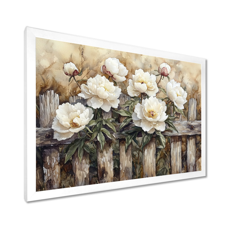Drees, campagne, pivoines par la vieille clôture I - pivoines, art mural pour le salon, H 30 po x l 40 po, Blanc