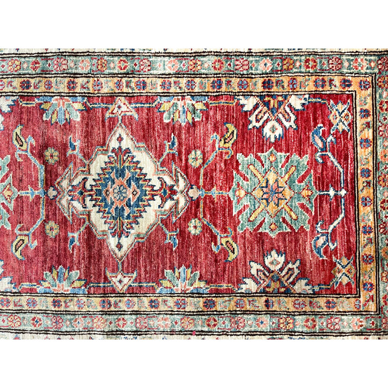 Tapis tribal Kazak 3 x 5 rouge et ivoire