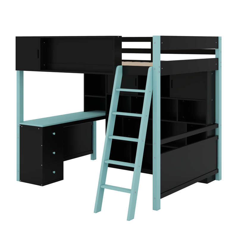 Lit mezzanine double en bois massif avec bureau, grand espace de rangement et lumière DEL, Bleu