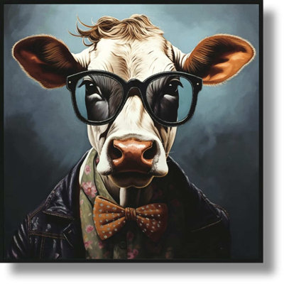 Art mural en toile Dapper Cow in Chic Attire - 25 po x 25 po - Cadre noir