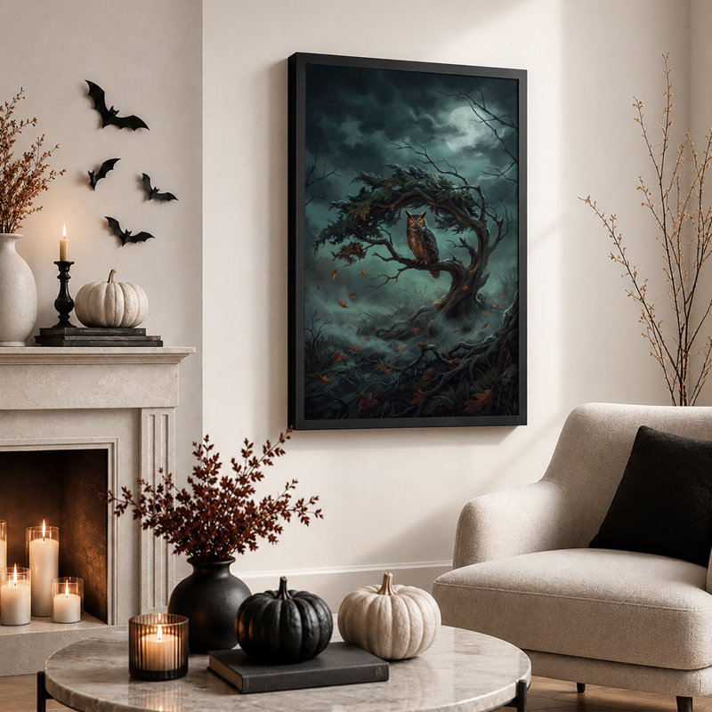 Hibou perché sur une branche d'arbre noueuse sous une toile murale d'Halloween, H 36 po x l 24 po