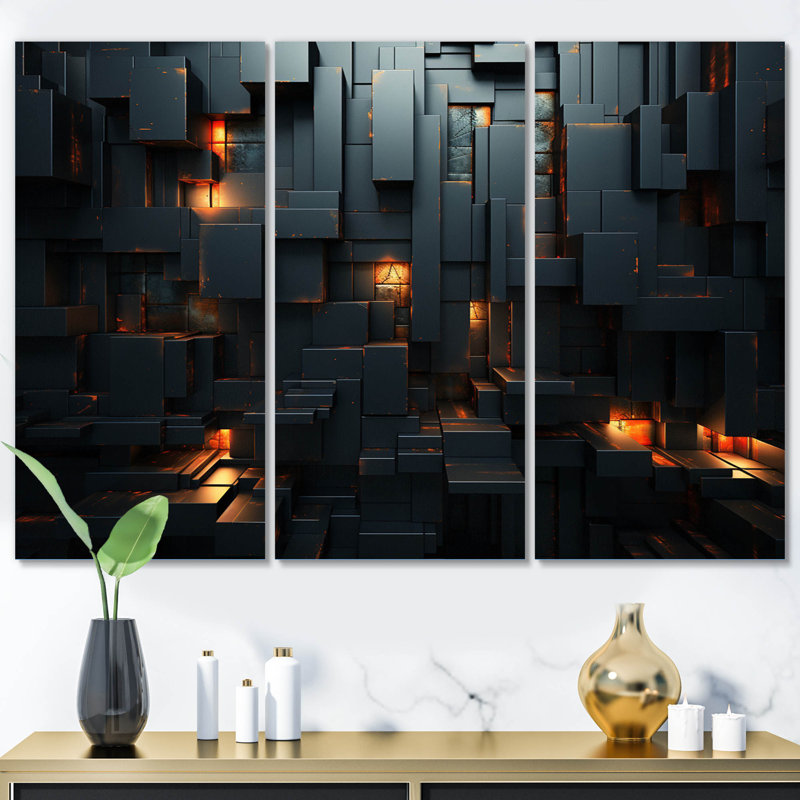 Cube 3D en briques noires 3D - ensemble d'art mural sur toile géométrique moderne, H 28 po x l 36 po x P 1 po