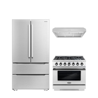 Cosmo 3 Piece Kitchen Appliance Package with French Door Refrigerator , 36'' Gas Freestanding Range , and Under Cabinet Range Hood -  COS-4PKG-1159