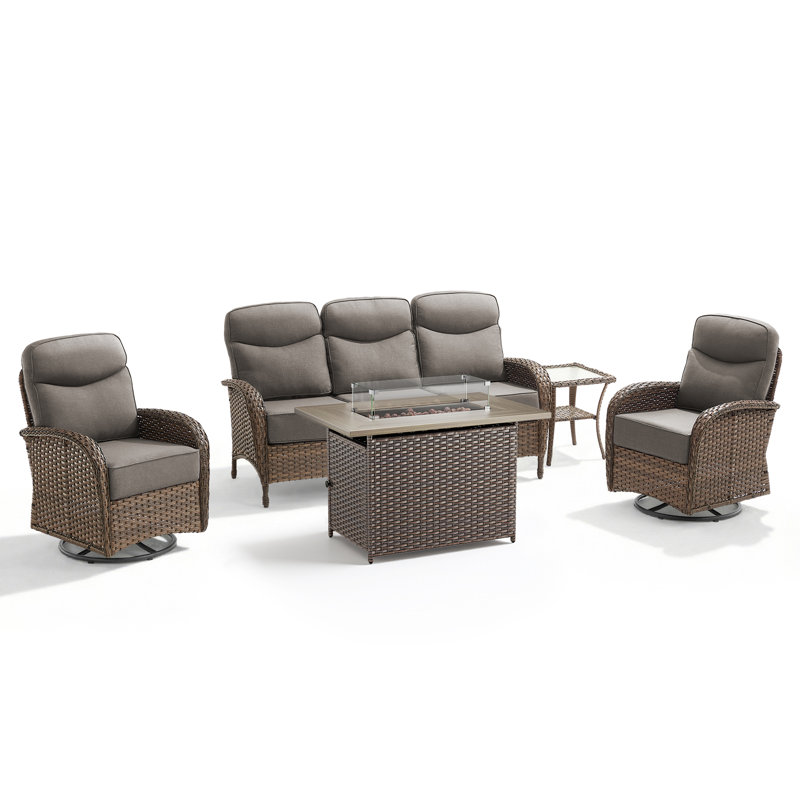 Ensemble de conversation pour canapé à dossier haut en osier 5 pièces avec chaises pivotantes et table foyer, Gris, Brown