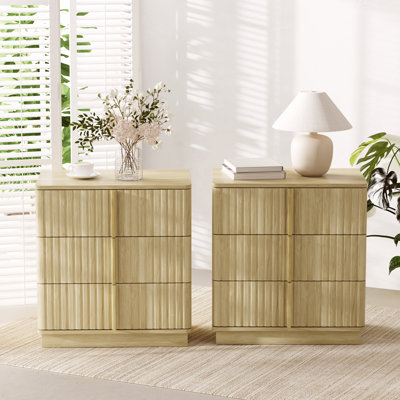 Table basse moderne 25,39 po à 3 tiroirs et à rayures verticales, rétro et économique, convenant à la chambre à coucher, au salon et au bureau, naturel (ensemble de 2)