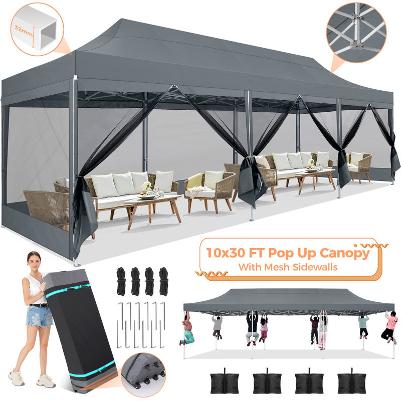 10x30 Pop up Canopy Tent with Sidewalls, Heavy Duty Easy Set up, Gray