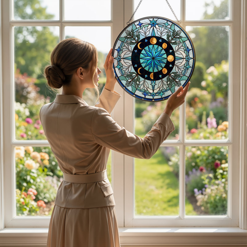 Moon Phase Stained Glass Window Panel，7.8H, 7.8"H