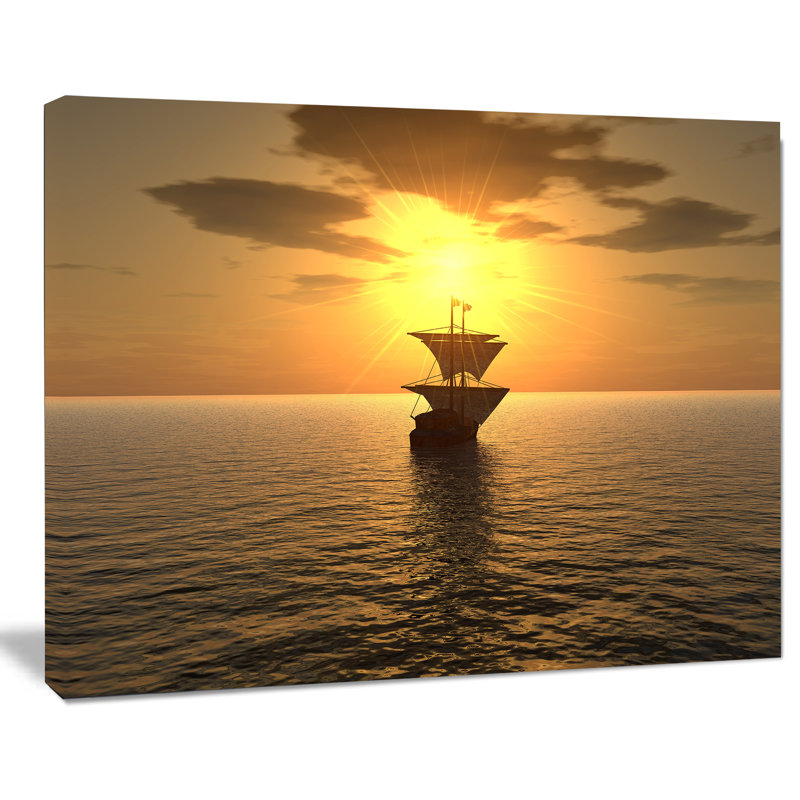 Photographie "navire et coucher de soleil" Seascape, H 30 po x l 40 po x P 1,5 po, Toile tendue