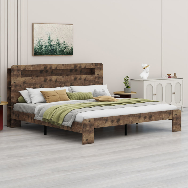 Lit plateforme avec rangement pour tête de lit à DEL, deux ports USB et rangement sous le lit, Très grand lit