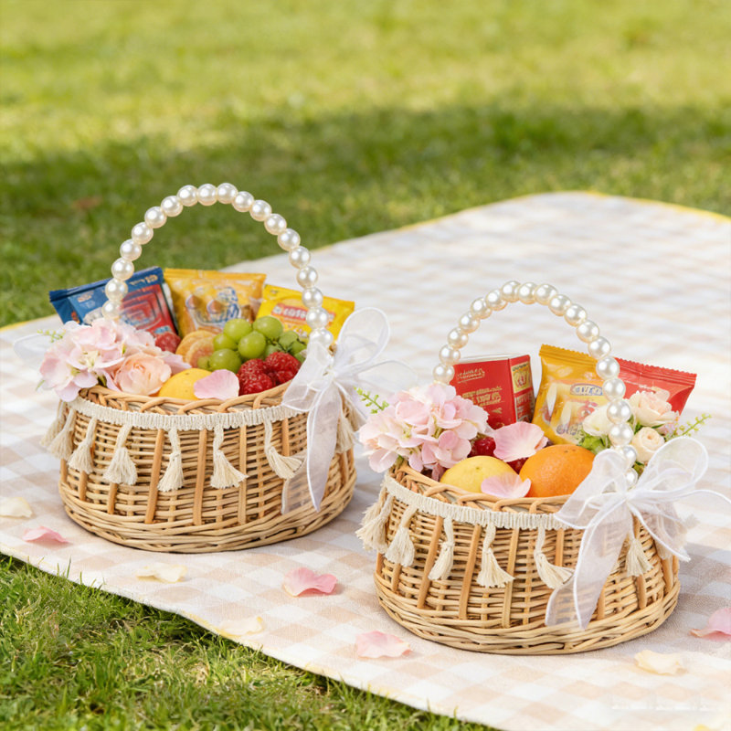 2 PCS en osier rotin fille de fleur panier en osier tissé à la main paniers avec poignée de perle glands arc panier de fleurs de fées panier de fleurs panier de rotin pour les noces de mariage
