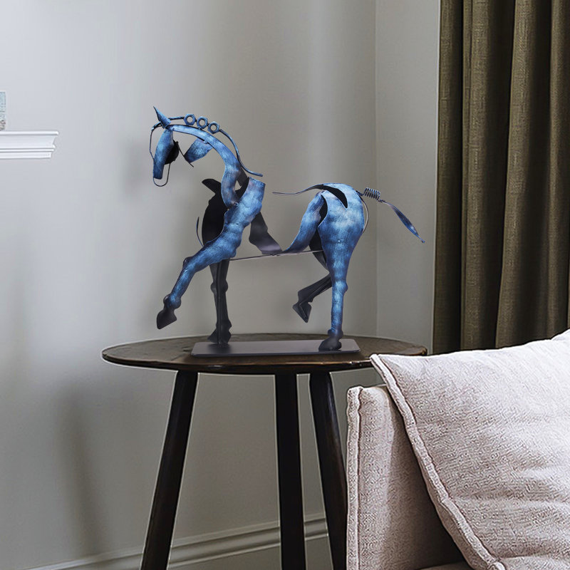 Alcott Hill® Handmade Metal Horse Statue Sculpture Décor for Horse Lovers Gifts, Vintage Blue