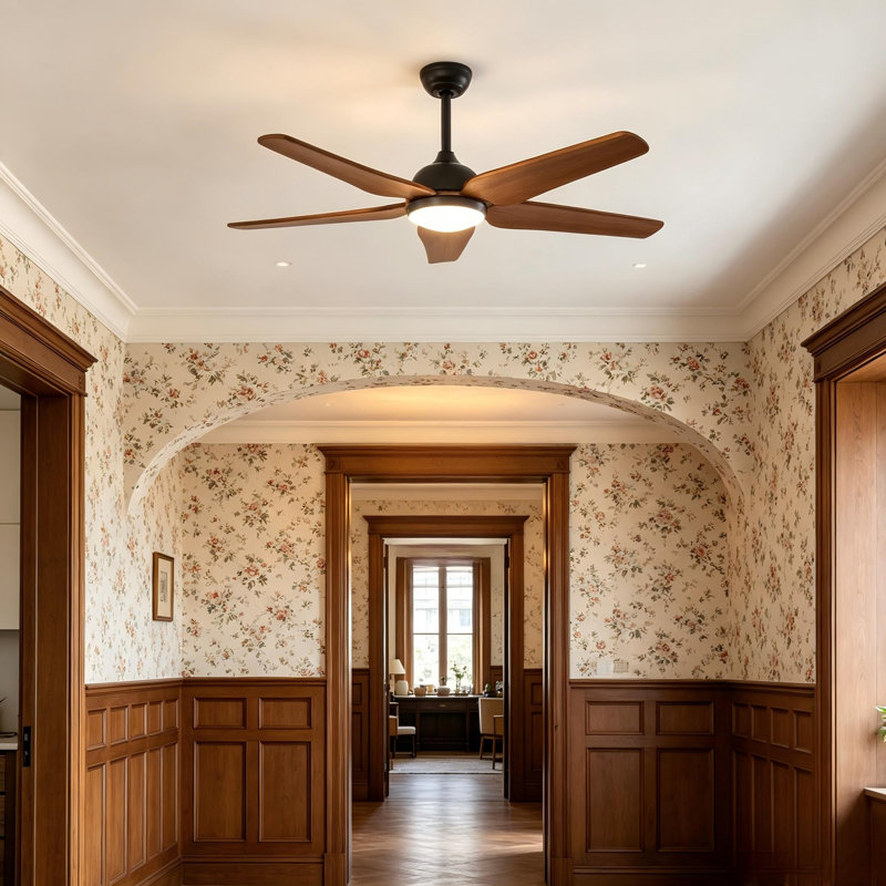 Ventilateur de plafond en bois massif 52 pouces avec lumière, Noir mat, Bois naturel