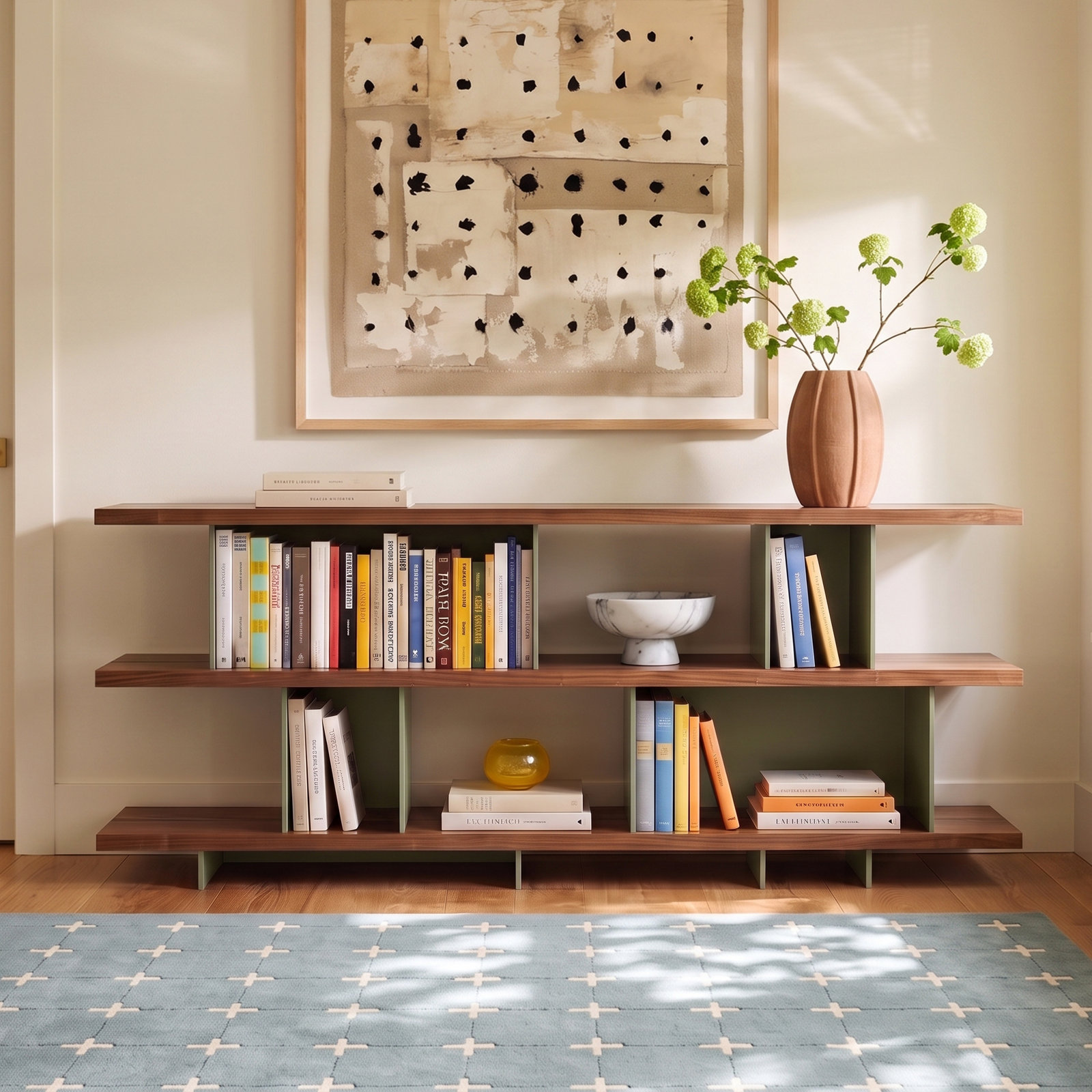 Happy Day Wide Bookcase, (3 Shelves) 29" H x 81" W x 14" D, White Oak/Gray Green