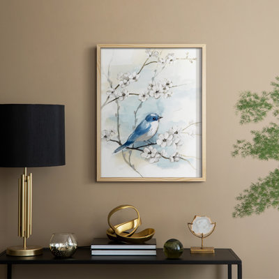 «Blossoms and Bluebird I», reproduction encadrée - bois massif