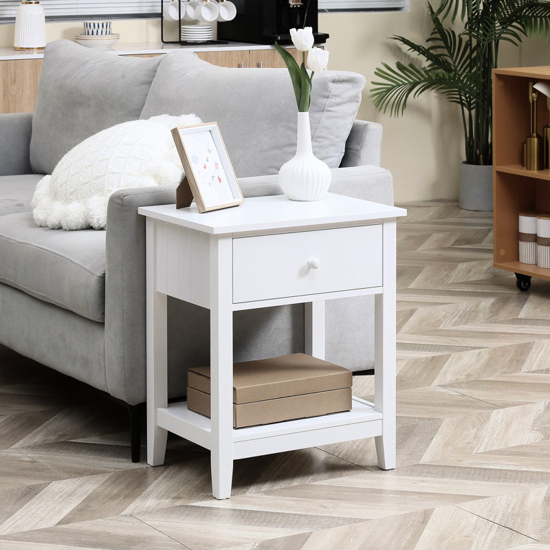 2 Drawer Side Table, Modern White End Table For Bedroom, 23.5 Inches Tall With And Shelf, 23.5'' Height