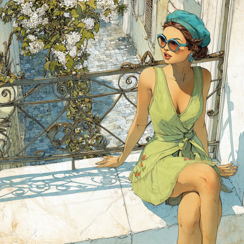Femme sur balcon en robe verte, art mural sur toile