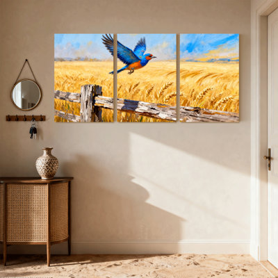Oiseaux qui volent au-dessus d'une clôture de campagne, ensemble de 3 impressions sur toile