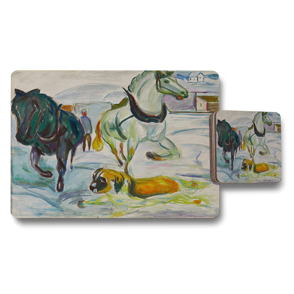 Horse Scene Placemat Coaster Set In Winter Snow Art