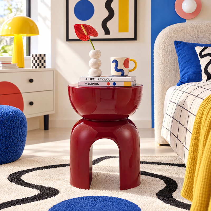 Table de bout Memphis avec design arqué moderne, table d'appoint ronde pour salon / chambre d'amis / chambre à coucher, Red
