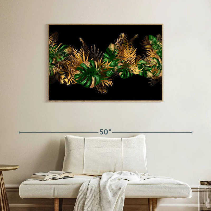 Feuilles dorées et vertes, Cadre flottant en bois naturel, 40 po x 27 po