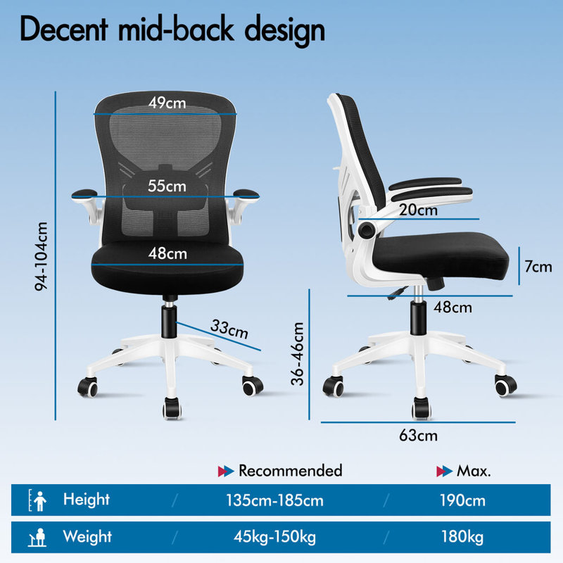  Mesh Office Chair Adjustable Lumbar Support Swivel Tilt Executive Game, Black, White