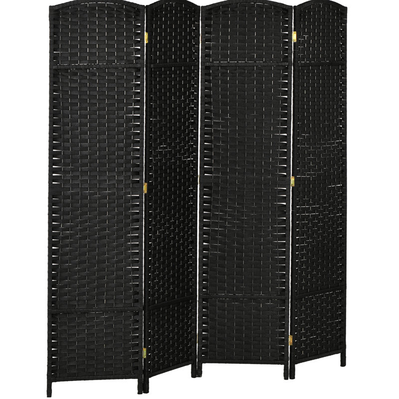 Paravent pliable à 4 panneaux, hauteur de 1,70 m. Noir, tissé à la main avec élégance et un joli sommet arqué. Parfait pour la maison, la chambre ou le bureau. Bois et sangles en polypropylène. Léger et facile à installer.