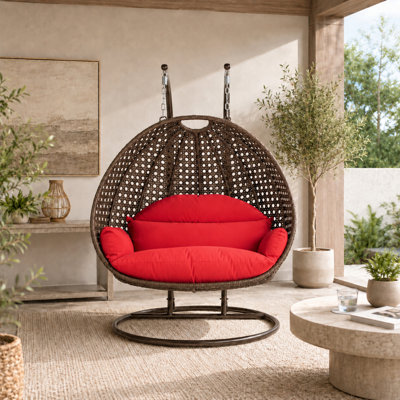 Leisuremod 2-Person Beige Wicker Egg Chair With Stand, Extra-Wide Double Swing For Patio, Backyard Or Sunroom