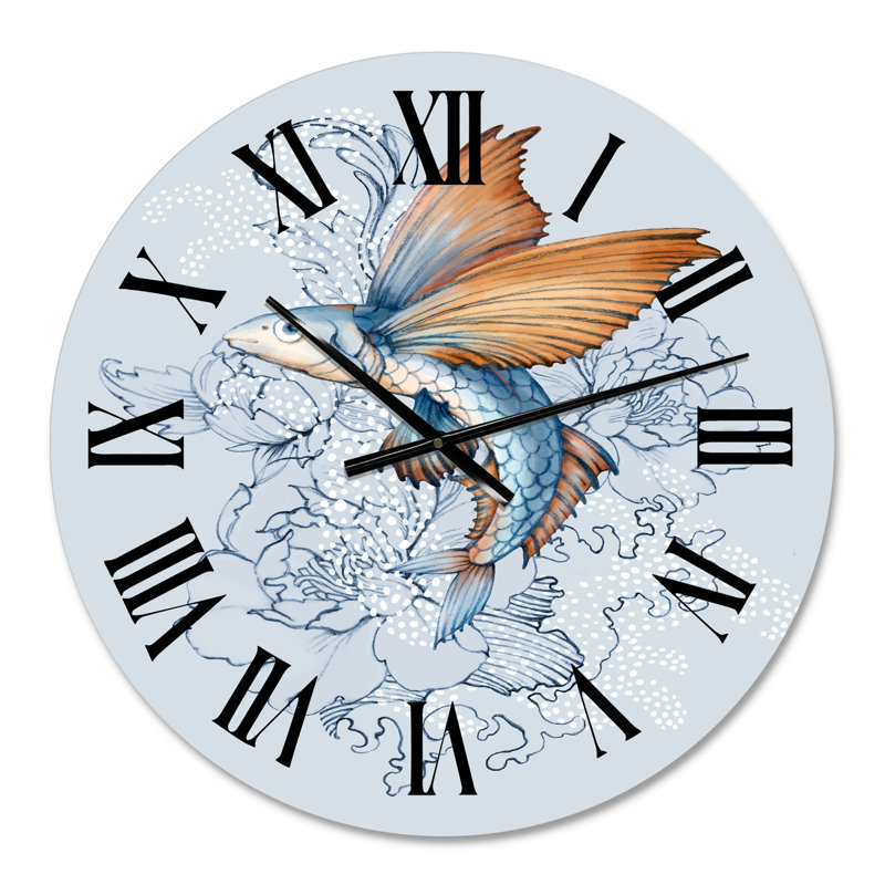 Poisson volant sur pivoines - horloge murale traditionnelle, Moyen
