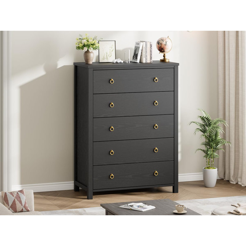 Commode à poignées anneaux PB, commode 4/5 tiroirs avec poignées circulaires, armoire de rangement en panneau de fibres à densité moyenne blanc / noir pour chambre à coucher