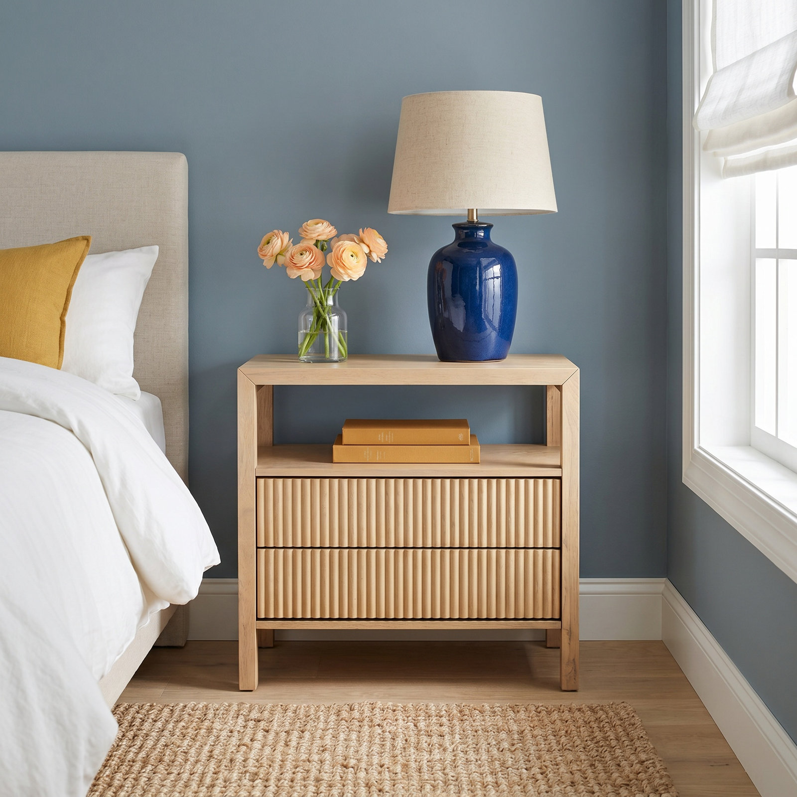 2-Drawer Reeded Nightstand, Oak