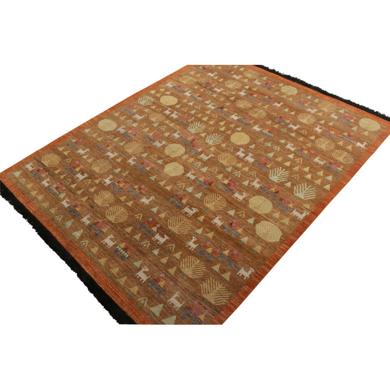 Rug & Kilim’S Swedish Folk Art Rug In Brown With Geometric Pictorials, Rectangle 6' x 8'