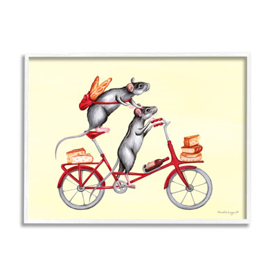 Souris à bicyclette transportant un pique-nique, du pain, du fromage, une giclée, ensemble d'art texturé par Amelie Legault