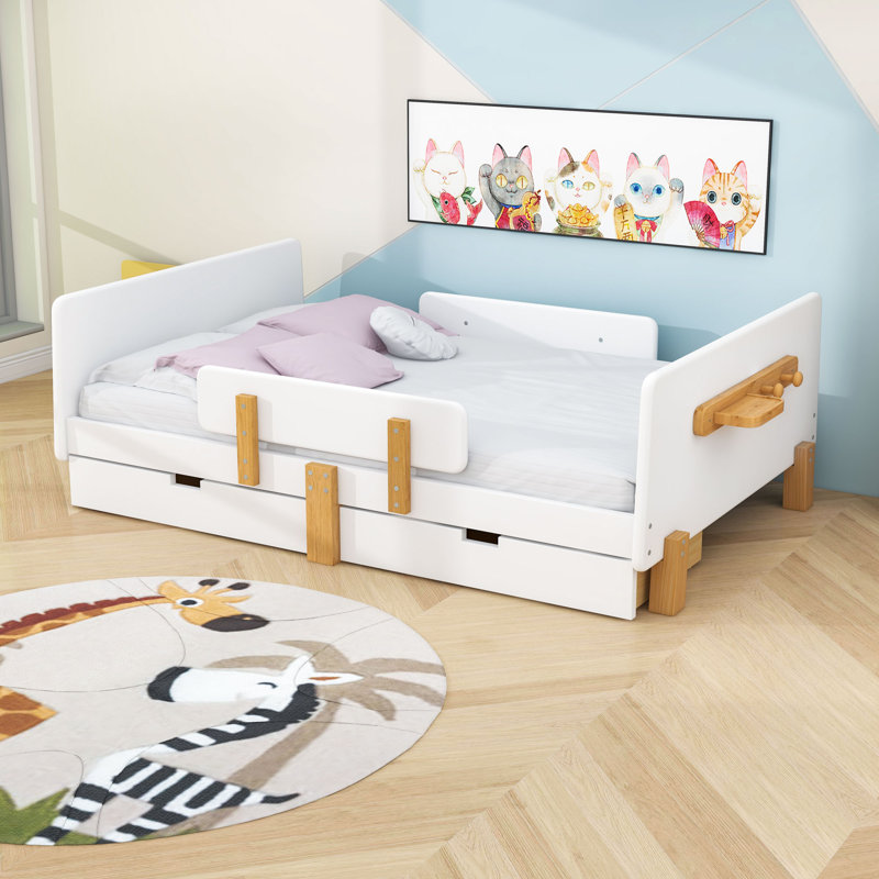 Lit plateforme en bois avec 2 tiroirs et crochets, Lit double, Blanc