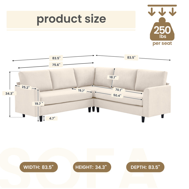 83.5" Sectional Corner Sofa With Armrest Black Legs Seater For 5, Beige Fabric