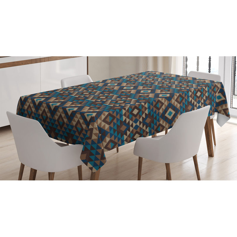 Ambesonne Ethnic Tablecloth, Knitted Jacquard Illustration Texture Image Geometric Style, Rectangular Table Cover For Dining Room Kitchen Decor, 52" X 70", Brown And Dark Blue