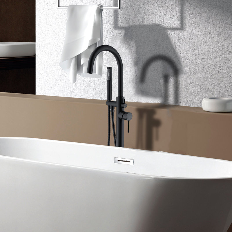 Robinet de baignoire sur pied avec douchette, noir mat, matériaux de qualité, fini métal noir.