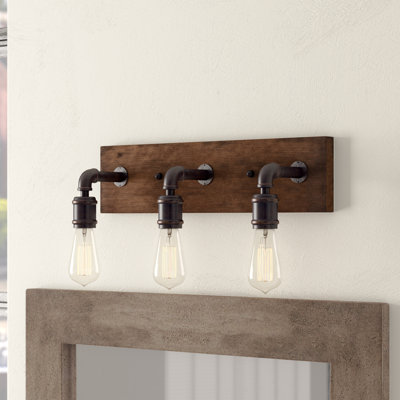 Barre d'éclairage de salle de bain 3 lumières Portland en métal peint aspect bois et finition granite foncé avec ampoules ambrées antiques