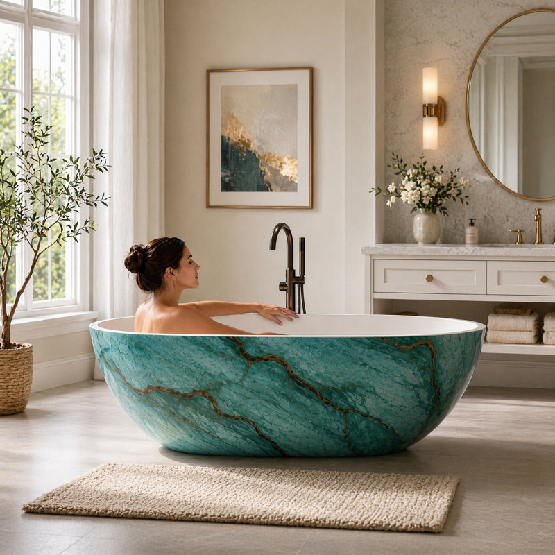 Baignoire de trempage autoportante de 65 po à surface solide, extérieur vert jade mat avec intérieur blanc, baignoire en résine effet marbre
