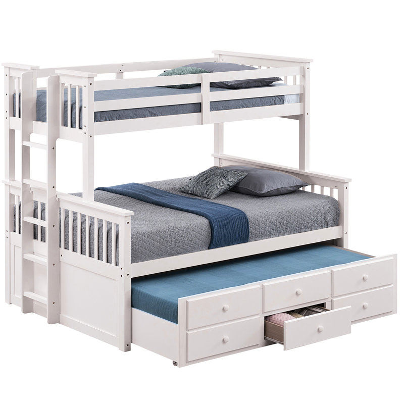 Lit simple superposé au dessus d'un lit double transitionnel avec détails en finition blanche, 3 tiroirs latéraux, système de fabrication, d'insertion et de verrouillage en bois d'ingénierie massif, lit gigogne pour les besoins de décoration de chambre à coucher, simple