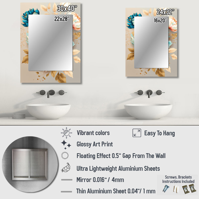 Multicolore Blooming Flowers I - miroir mural décoratif floral, miroir traditionnel, impression d'art en métal, 40 po x 30 po