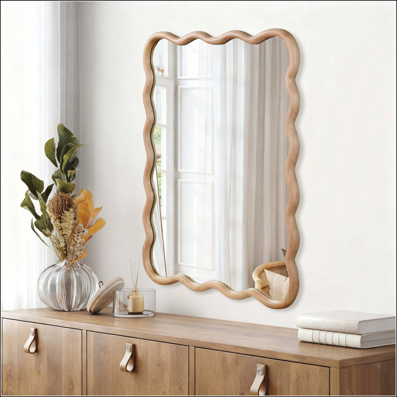 Miroir décoratif en bois naturel naturel ondulé rectangulaire en bois massif pour la décoration intérieure