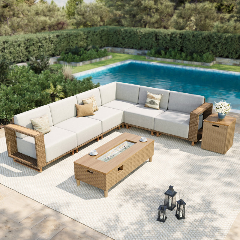 6- Person Outdoor Wicker Patio Conversation Furniture Set With Fire Pit Table, 3 Pcs: 2 Tables, 6-Person Sectional