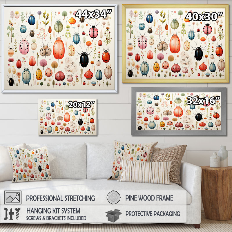 Coléoptère coloré - prairie d'insectes et d'insectes, Cadre doré à coins fermés, H 24 po x l 32 po x P 1 po